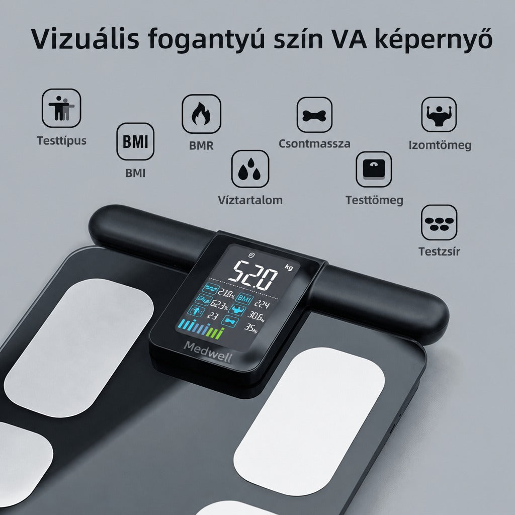 Okos személymérleg színes kijelzővel és testösszetétel-mérési funkciókkal.