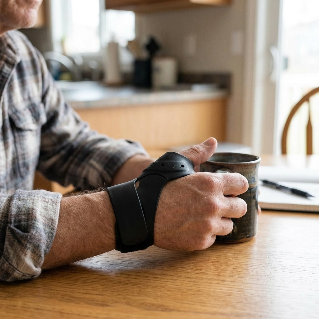 Flexible CMC Thumb Brace for Left or Right Hand - in use