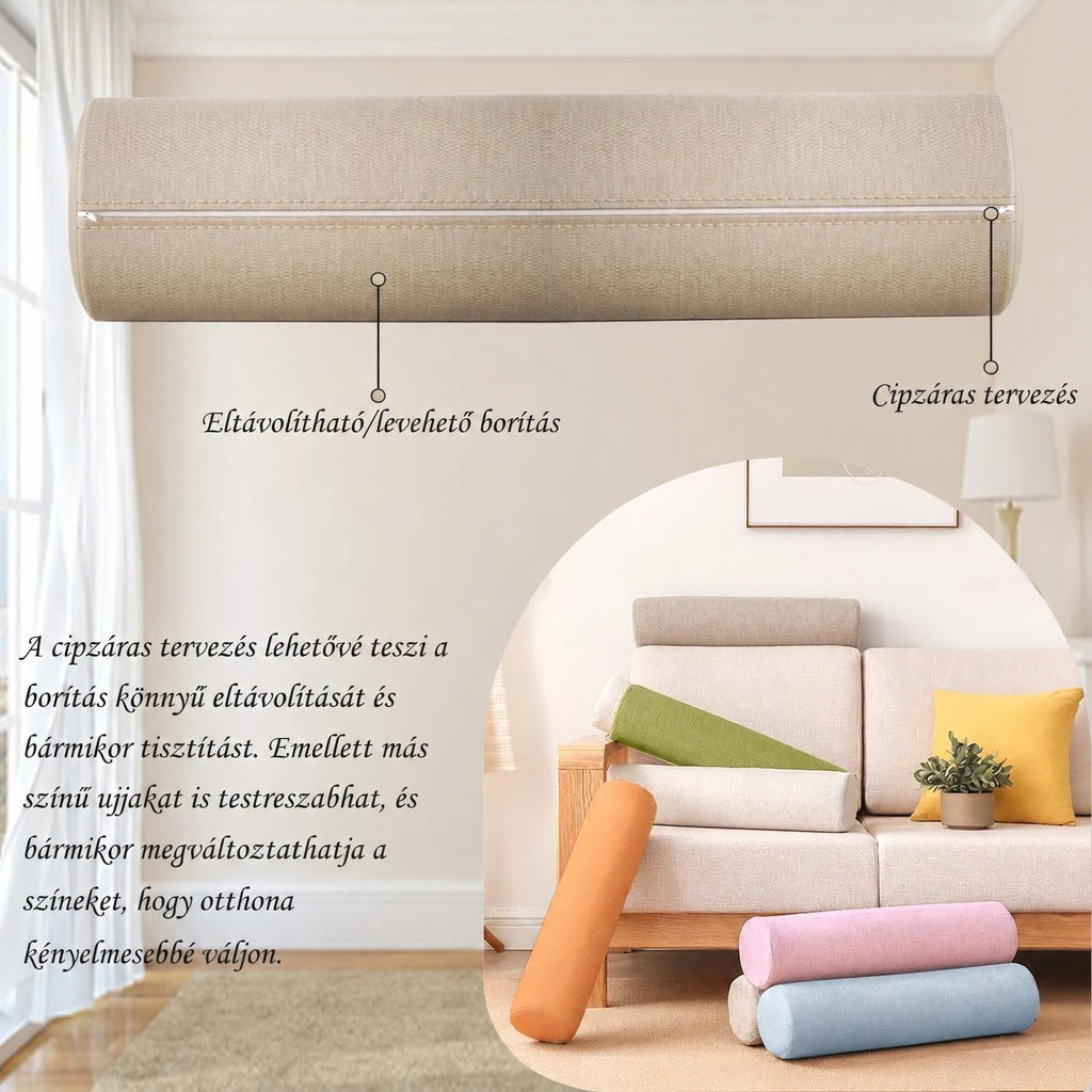 Hengerpárna levehető, cipzáras huzattal és színes díszpárnák a kanapén.