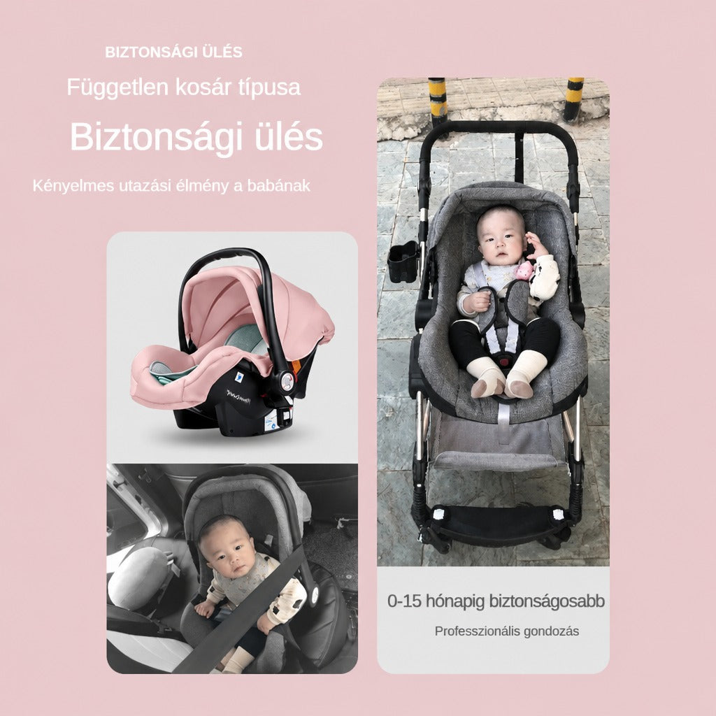 Babahordozó biztonsági ülés babakocsiban és autóban használva.