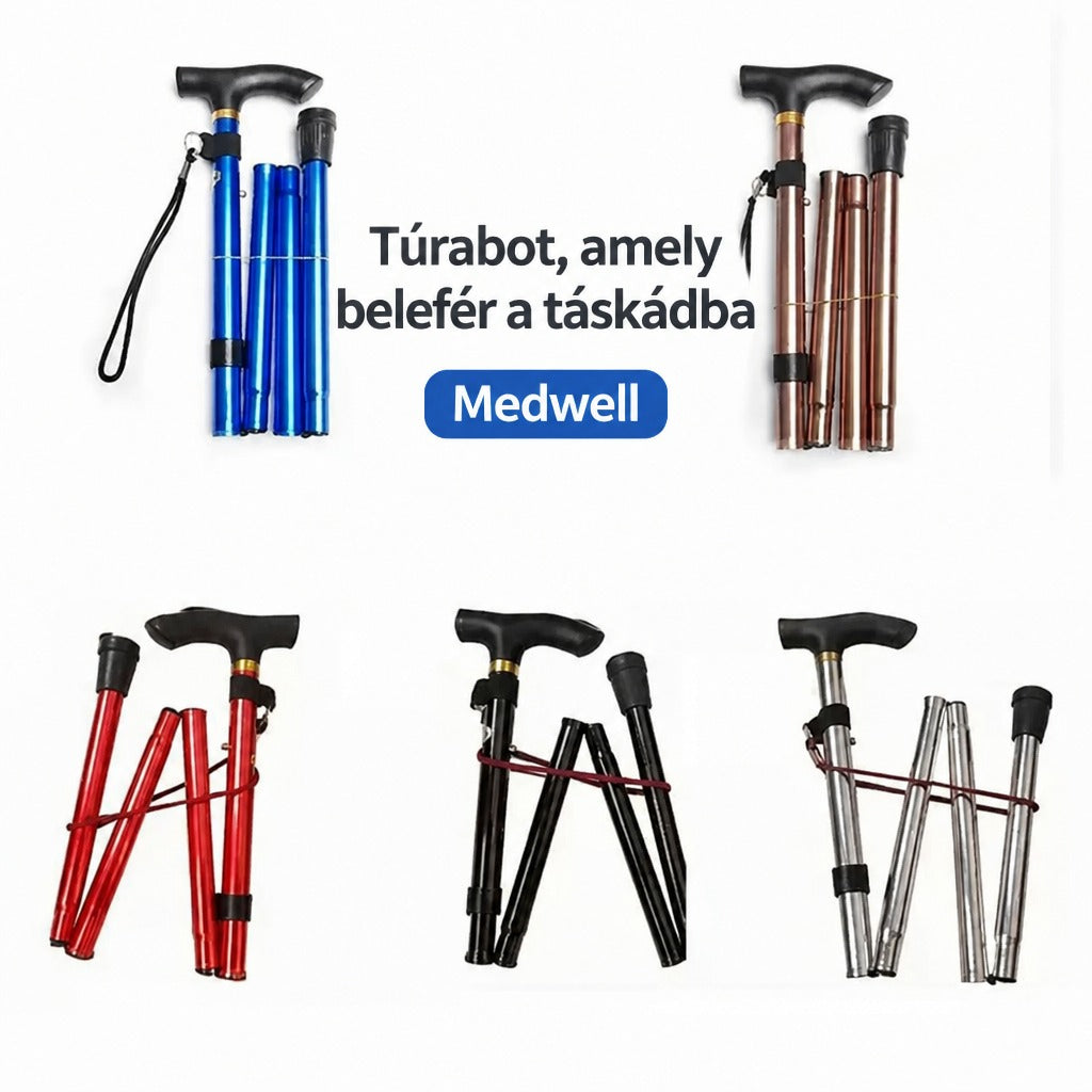 Összecsukható sétabotok különböző színekben a Medwell logóval.