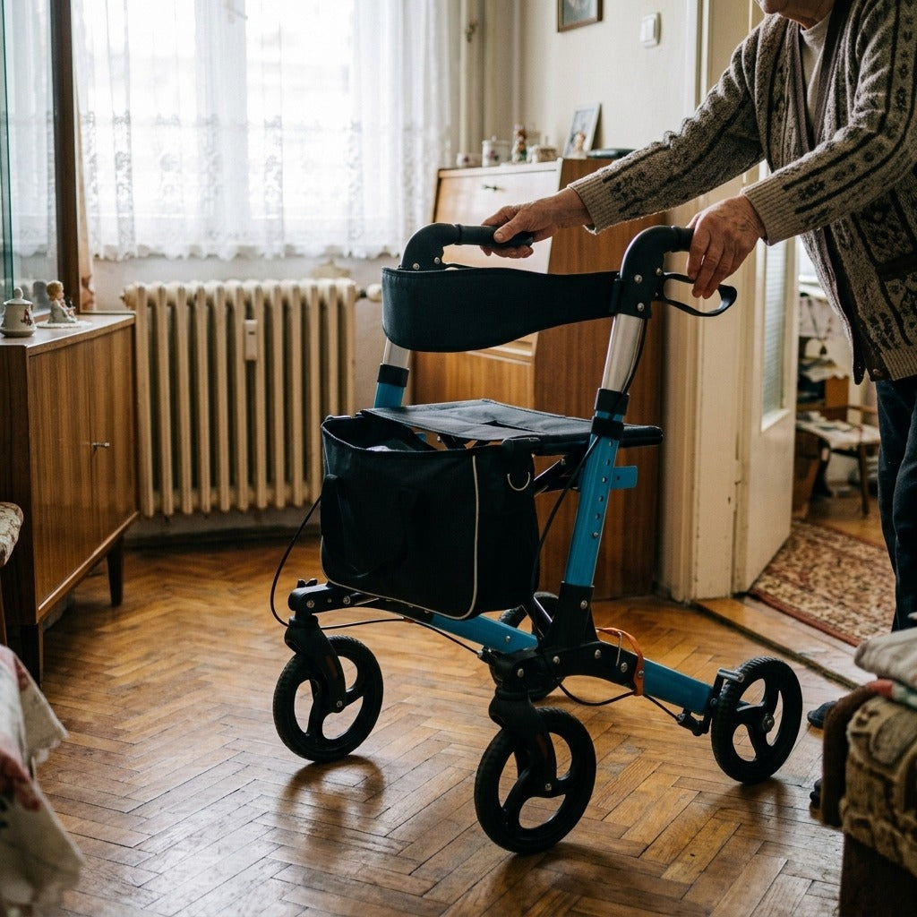 Összecsukható alumínium rollátor U-fékkel - használat közben