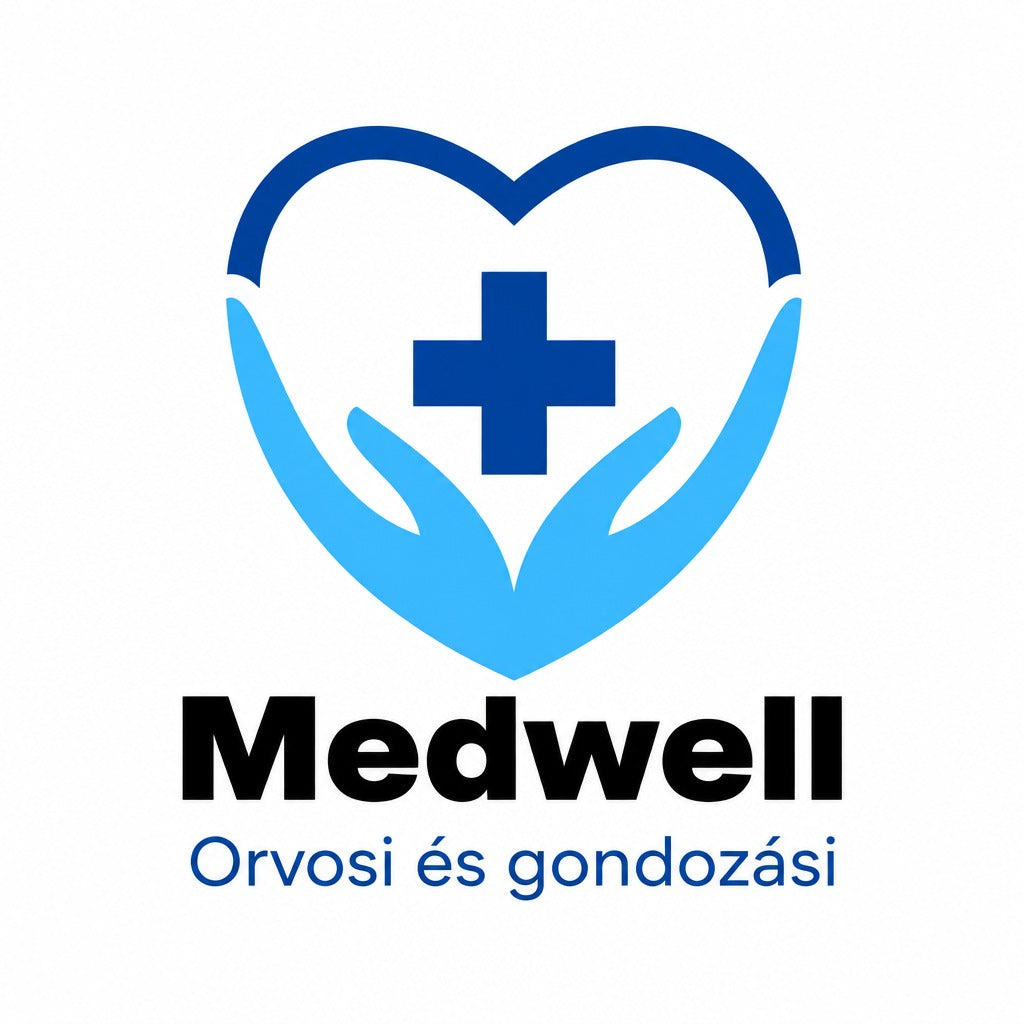 Medwell orvosi és gondozási logó kék szívvel, kereszttel és kezekkel.