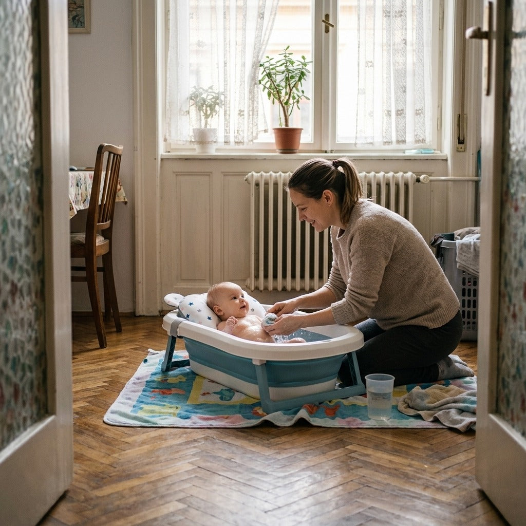 Összecsukható, csúszásgátlós baba fürdetőülőke - otthon