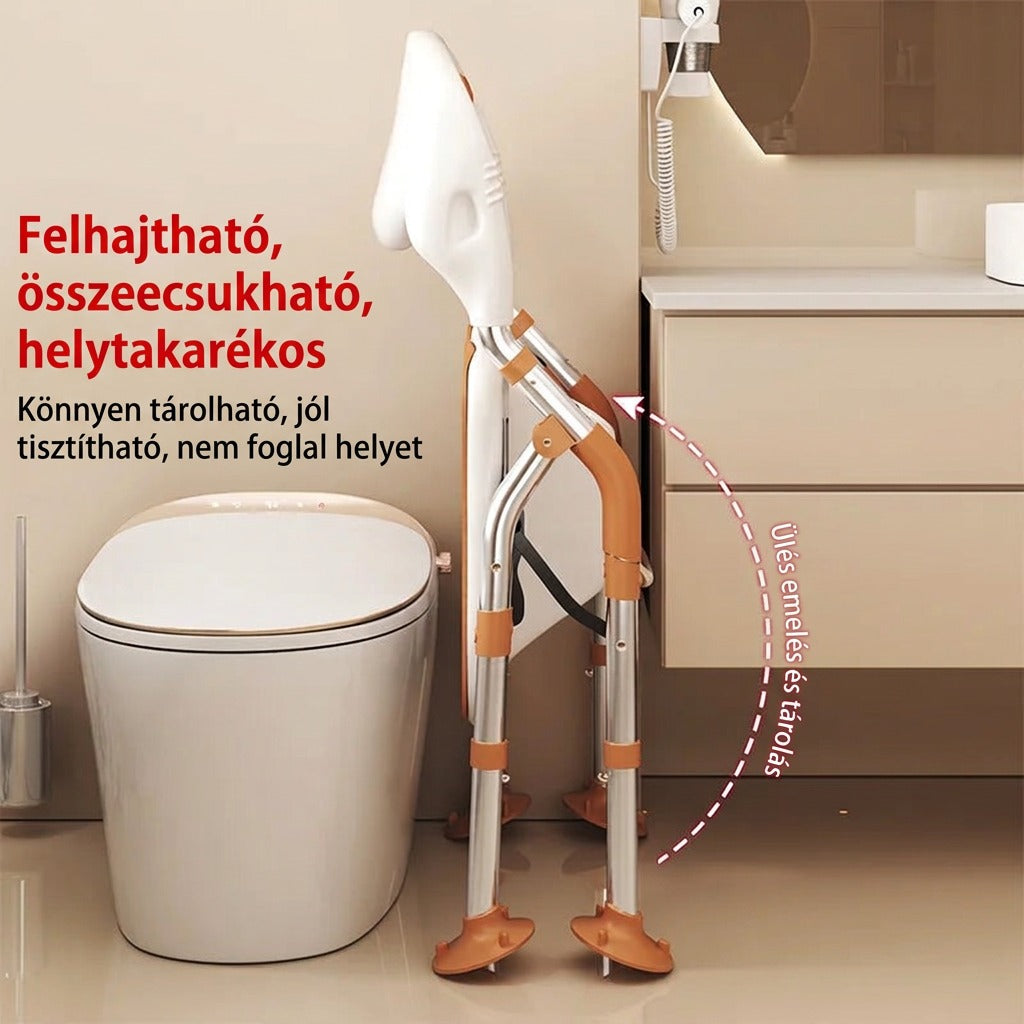 Felhajtható összecsukható toalett ülőke, helytakarékos és könnyen tisztítható.