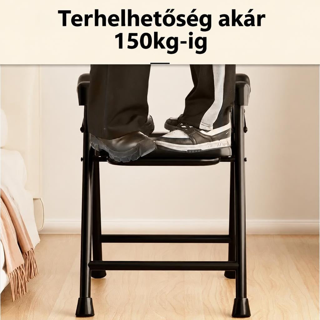 Fekete szék teherbírásának bemutatása, amelyen egy személy áll.