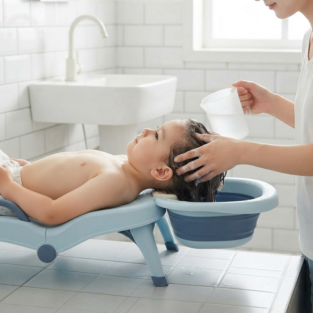 Foldable Children's Shampoo Chair with Basin - in use