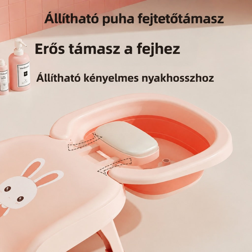 Rózsaszín gyerek hajmosó szék állítható fejtámasszal és beépített mosdótállal.