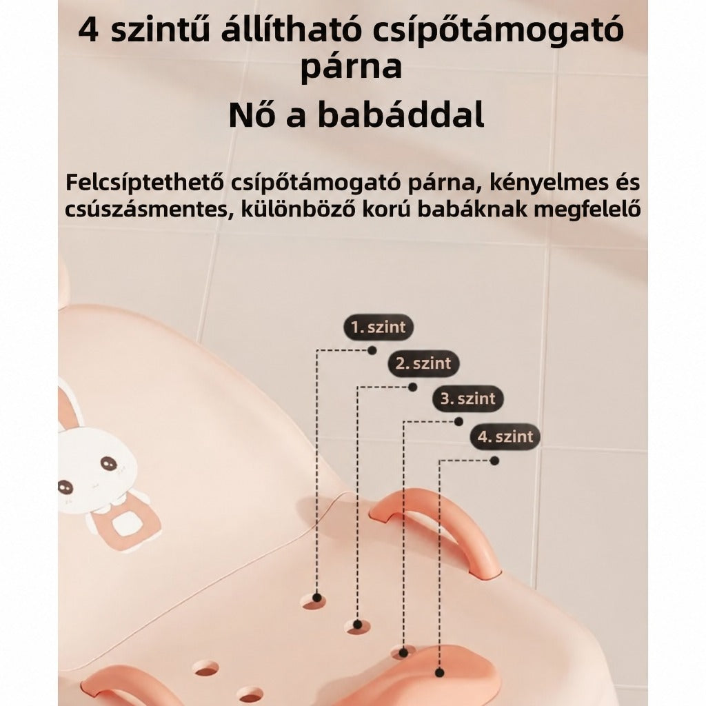 Rózsaszín babafürdető szék 4 fokozatban állítható csípőtámasztó párnával.