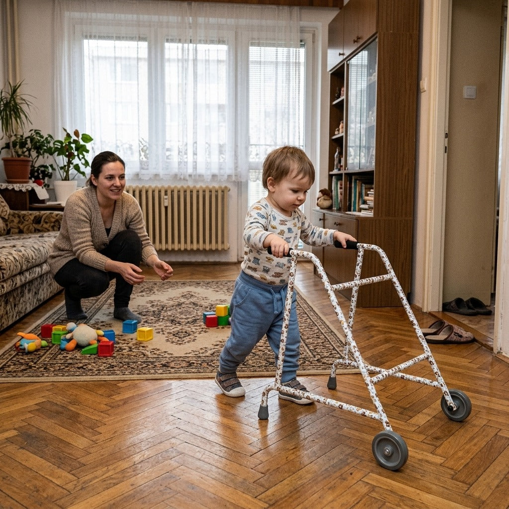 Összecsukható, kerekes járássegítő gyerekeknek - a mindennapokban