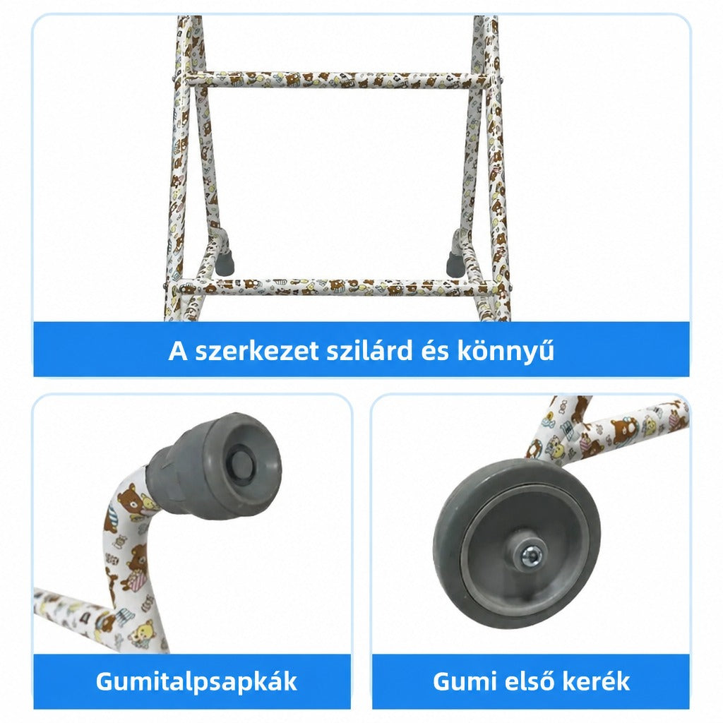 Gyermek járókeret részletei: könnyű váz, gumitalp és gumi első kerék.