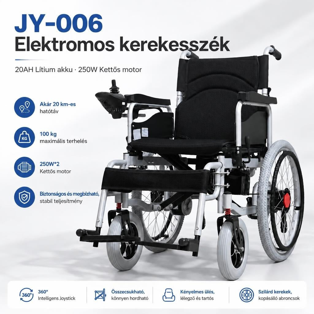 JY-006 elektromos kerekesszék főbb jellemzői és műszaki adatai.