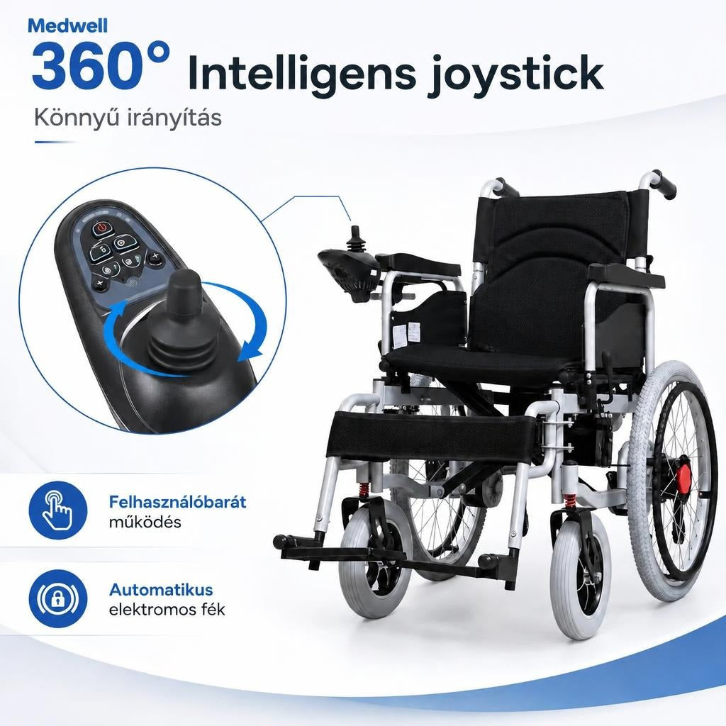 Elektromos kerekesszék 360 fokos intelligens joystickkal és vezérlőpanel részletével.