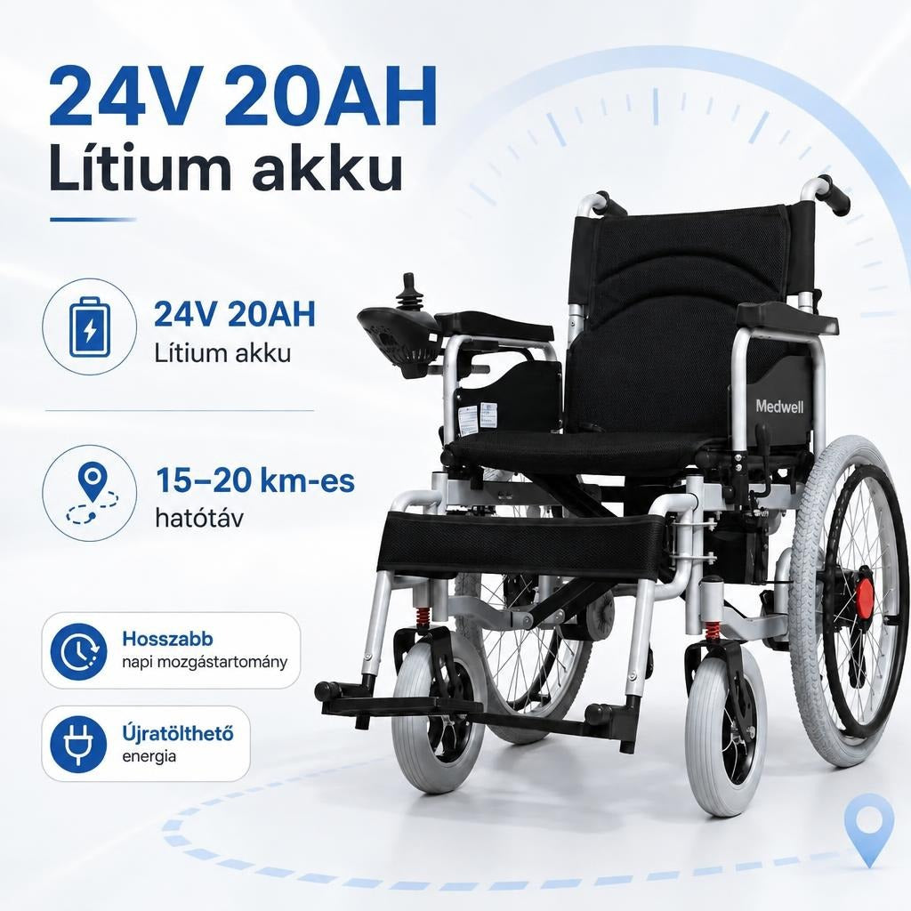 Elektromos kerekesszék 24V 20AH lítium akkumulátorral és 15–20 km-es hatótávval.