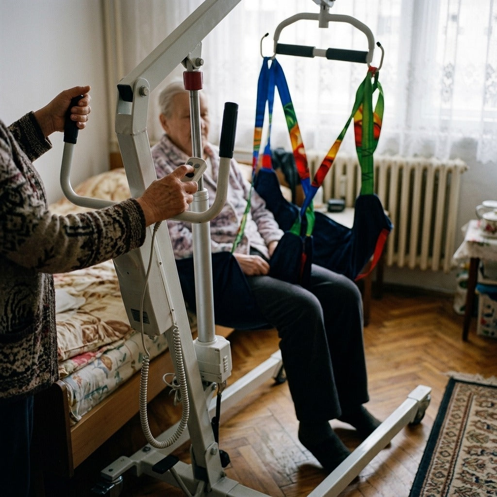 Összecsukható elektromos betegemelő - használat közben
