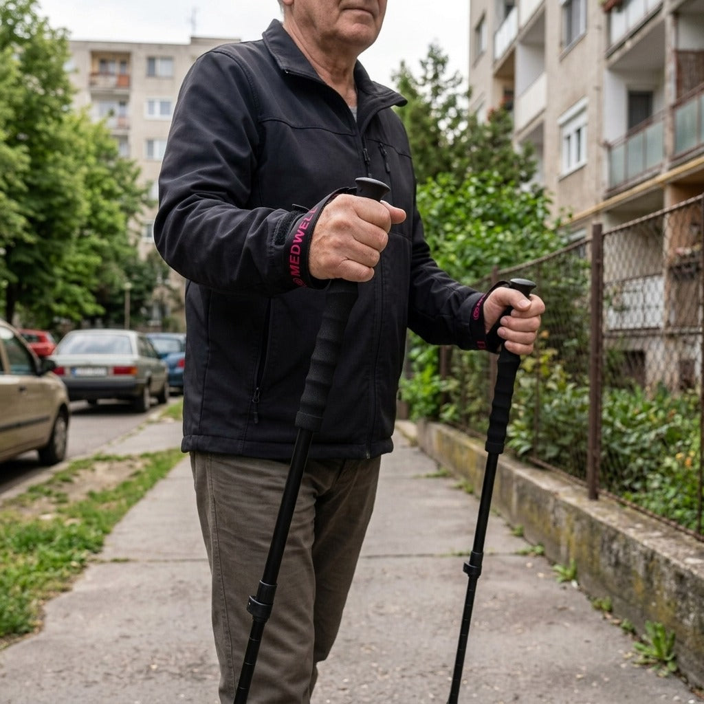 Ötrészes, összecsukható túrabot, pár - használat közben