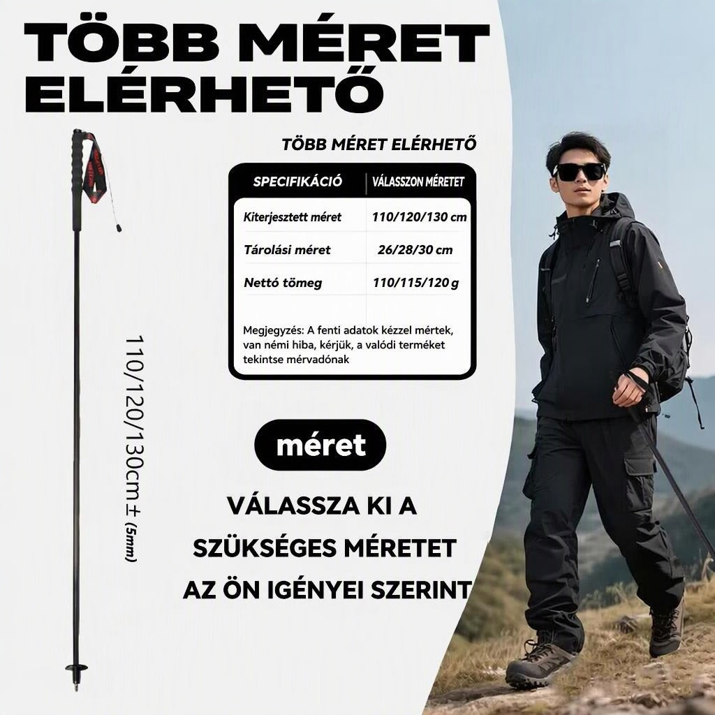 Túrabot mérettáblázattal és hegyekben túrázó férfival.