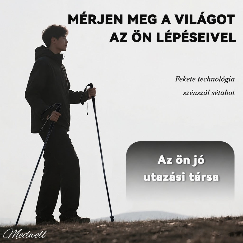 Túrázó férfi szénszál sétabotokkal a szabadban, a Medwell termékének bemutatásával.