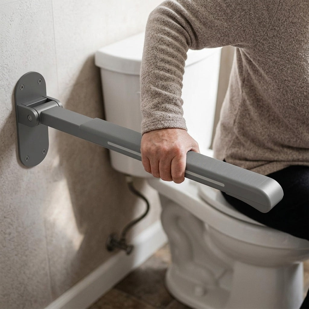 Foldable Flip-Up Toilet Grab Bar - in use