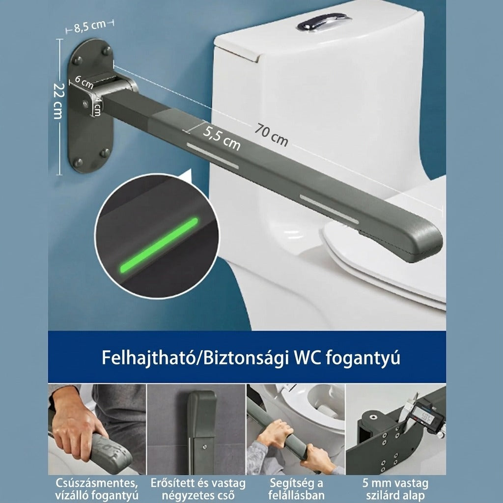 Felhajtható biztonsági WC kapaszkodó méretekkel és funkciókkal.