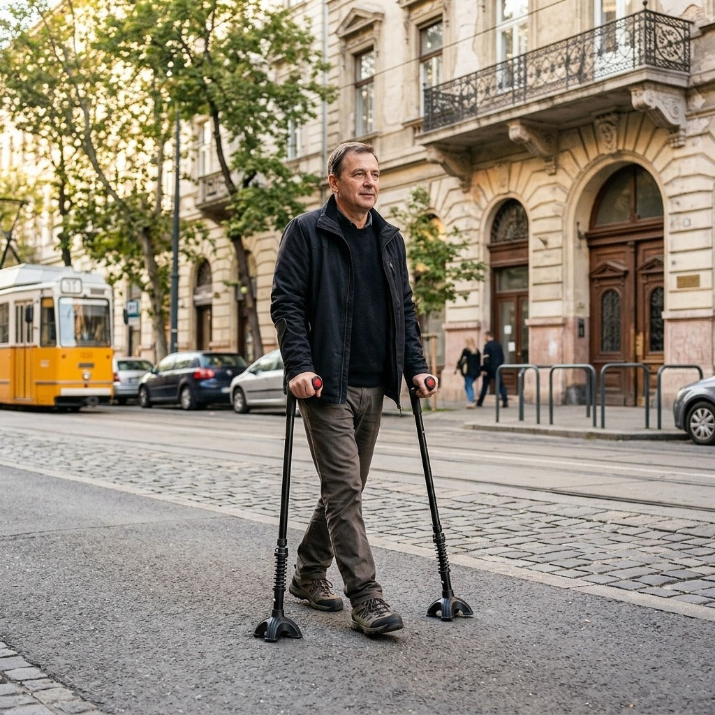 Összecsukható alkari mankó felnőtteknek, 150–185 cm - a mindennapokban