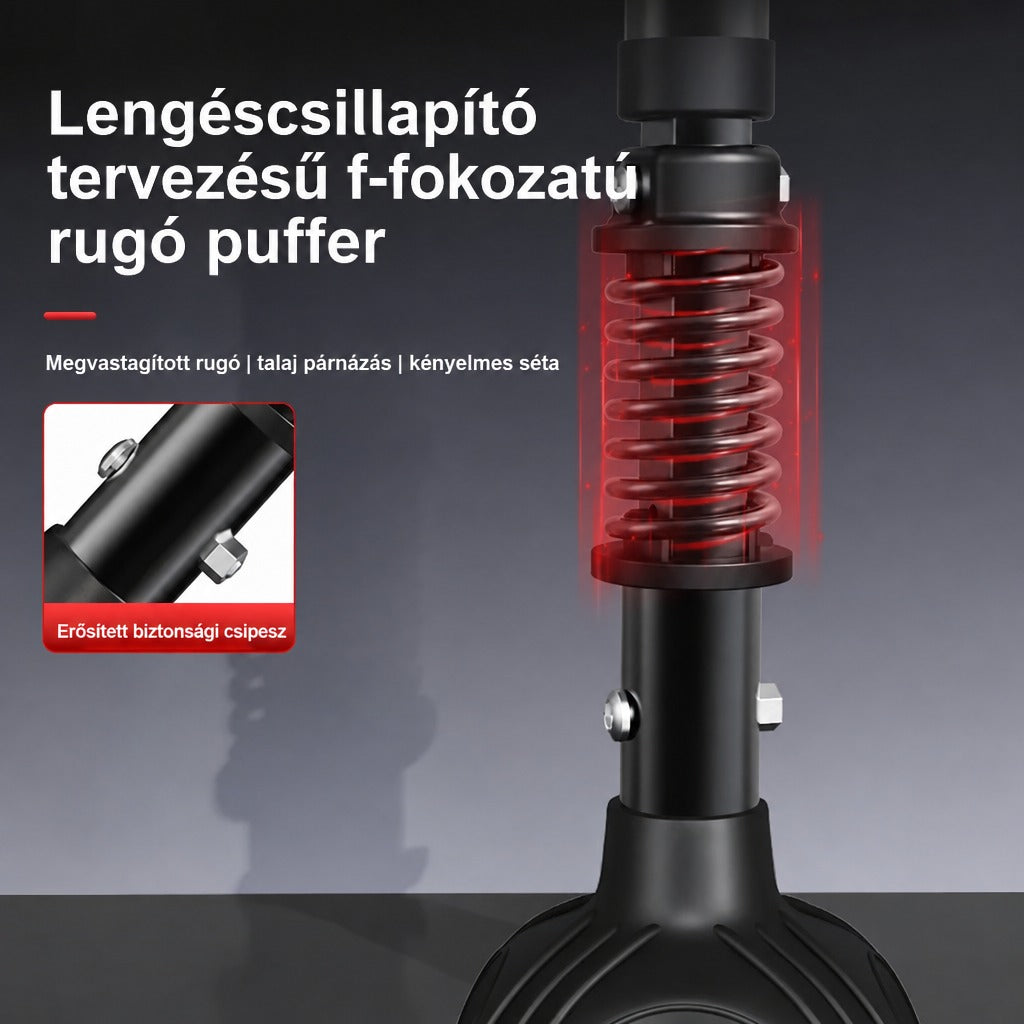 Lengéscsillapító rugós pufferrel és megerősített biztonsági csipesszel ellátott sétabot részlete.