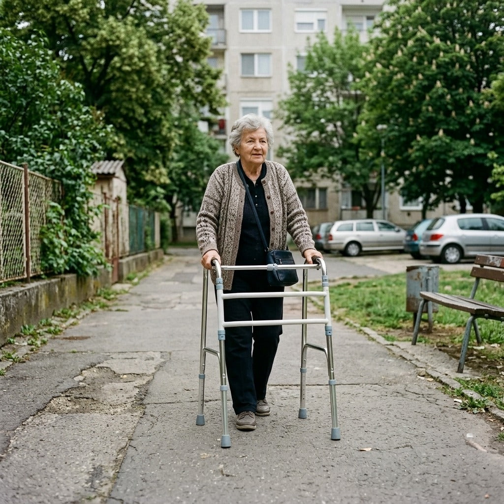 Összecsukható, állítható négykerekű járókeret - a mindennapokban
