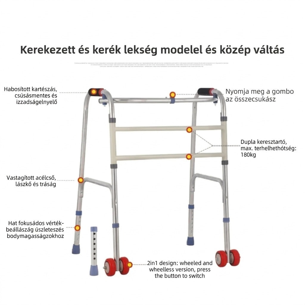 Összecsukható, állítható magasságú járókeret kerekekkel és cserélhető lábakkal.
