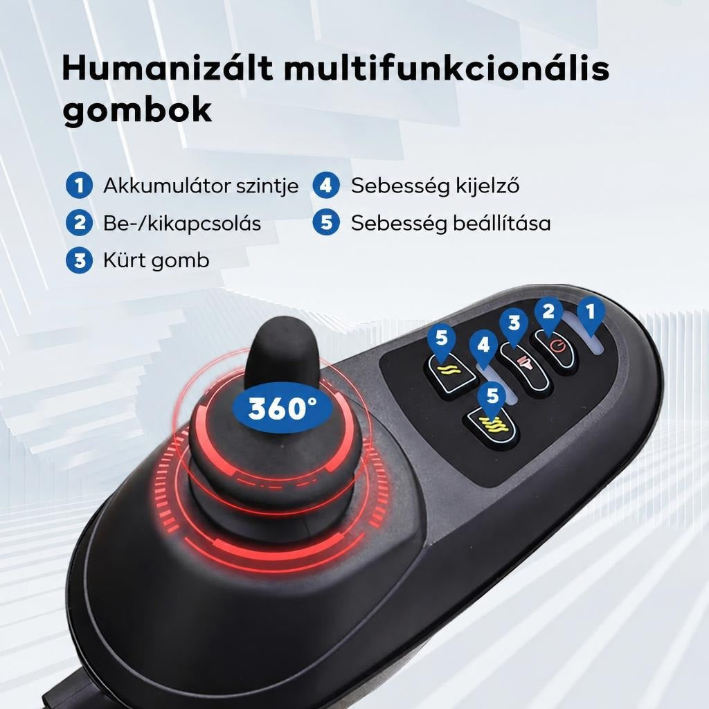 Multifunkcionális botkormány vezérlőgombokkal és 360 fokos mozgási lehetőséggel.