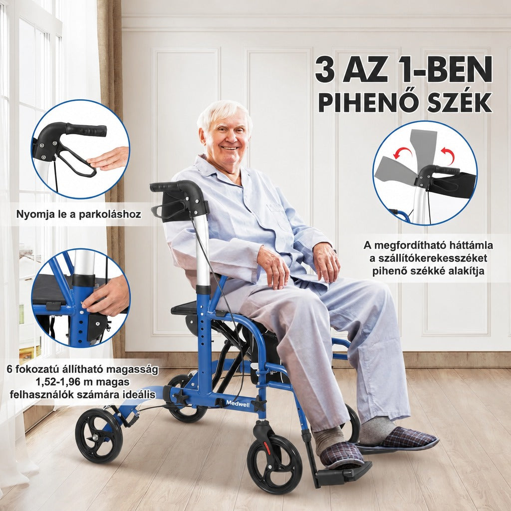 Idős férfi kék színű, 3 az 1-ben pihenőszékes rollátorban ülve a szobában.