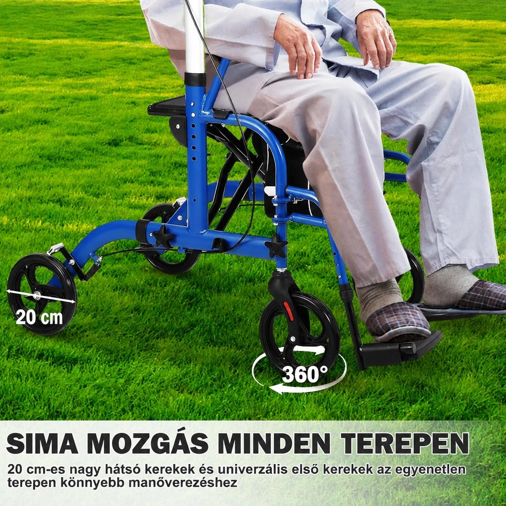 Idős személy kék kerekesszékben a fűben, a 20 cm-es és 360 fokban forgó kerekekkel.