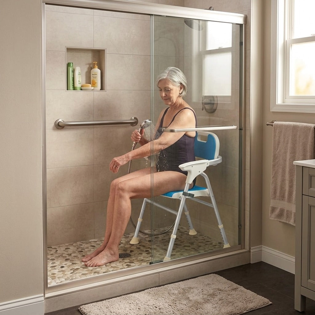 Foldable Shower Chair with Backrest and Armrests, Adjustable Height - at home