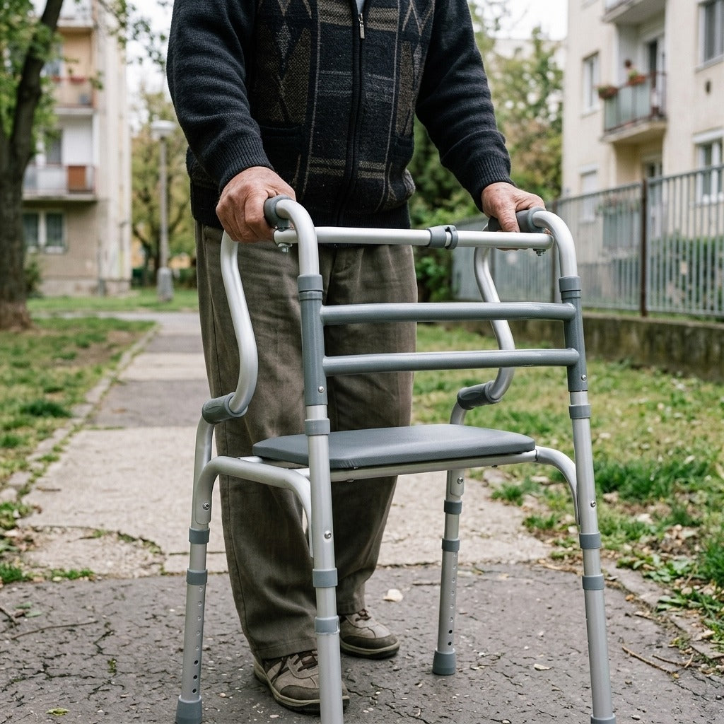 Összecsukható járást segítő eszköz üléssel - használat közben