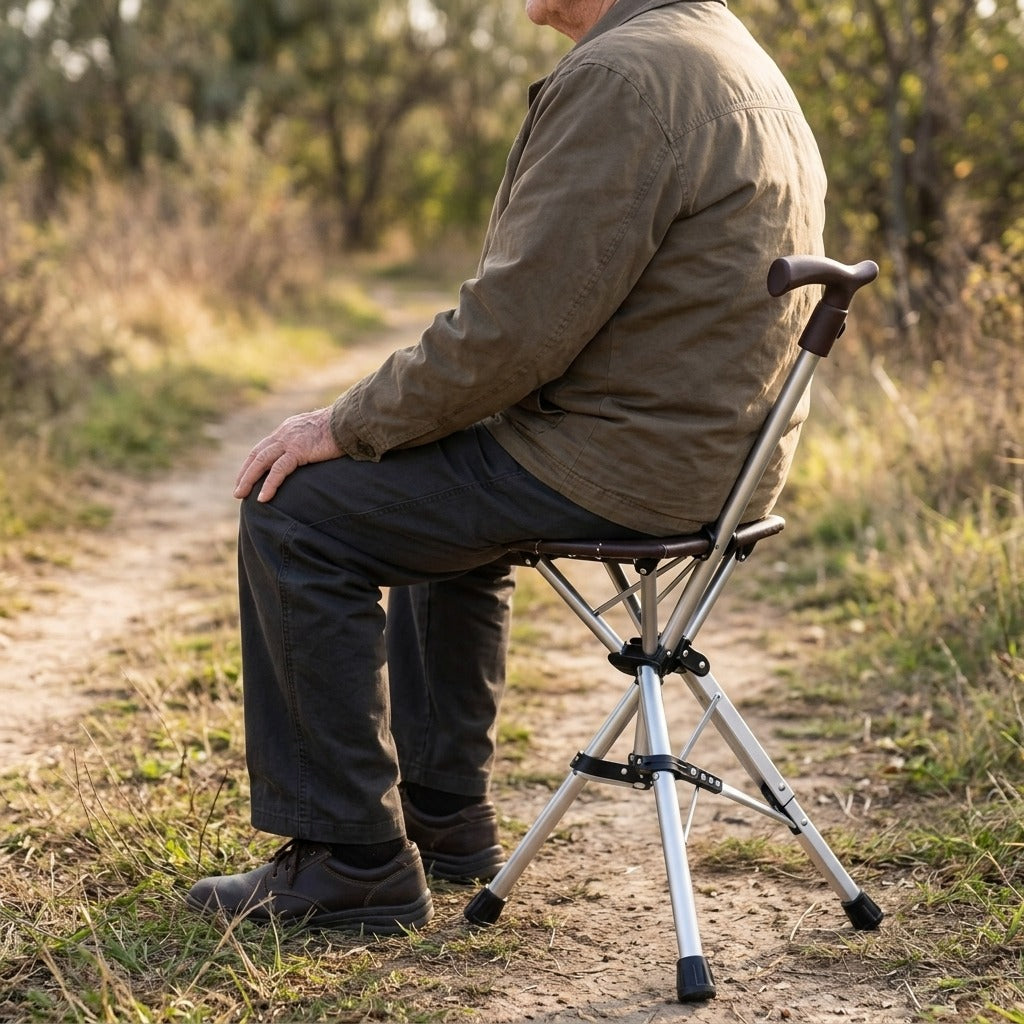 Foldable Walking Cane with Seat - in use