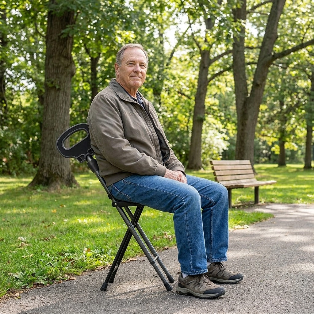 Foldable Walking Seat Cane - in everyday life