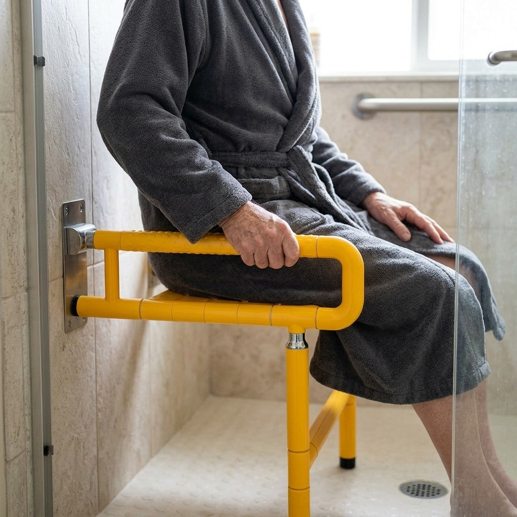 Foldable Wall-Mounted Shower Chair with Armrests - in use