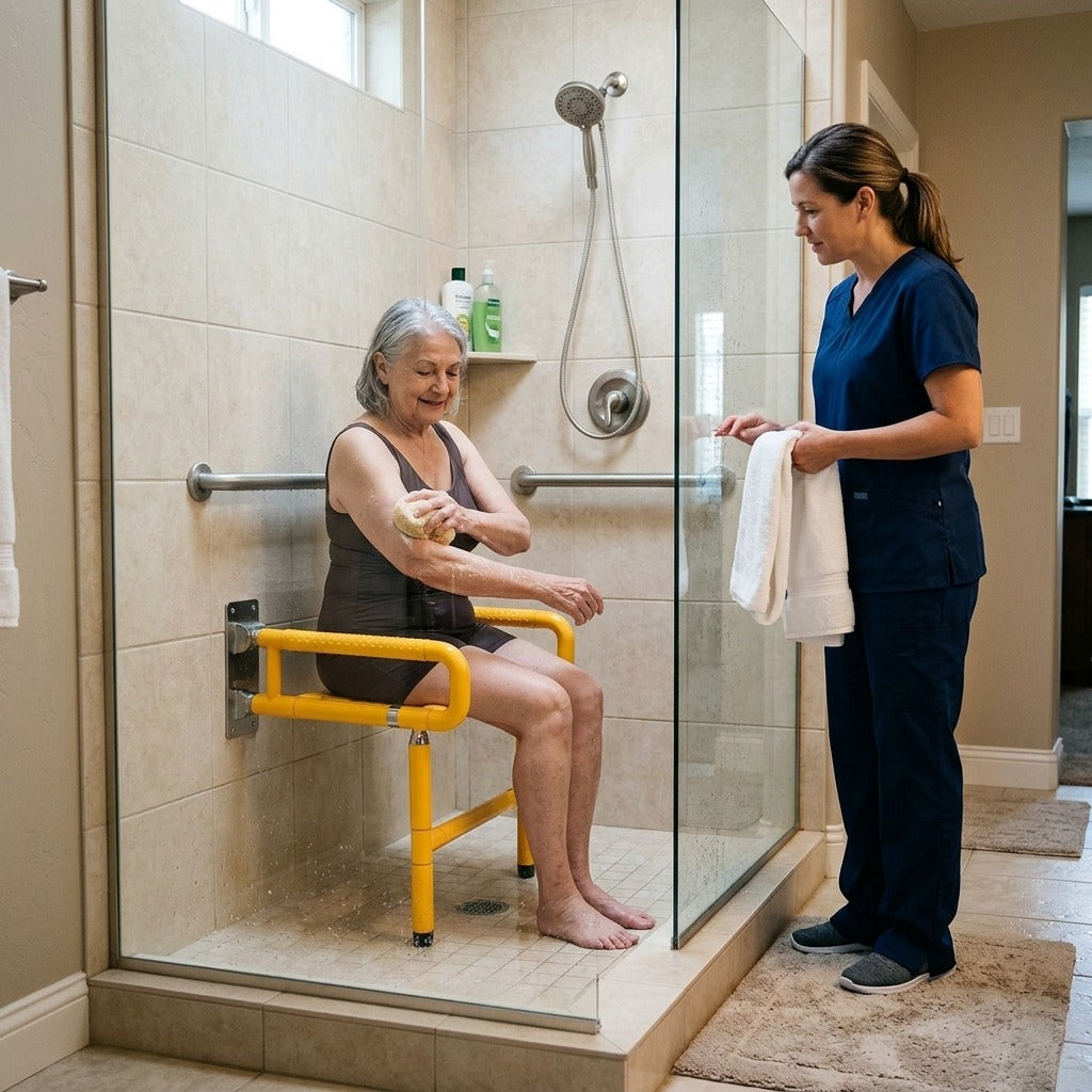 Foldable Wall-Mounted Shower Chair with Armrests - in everyday life