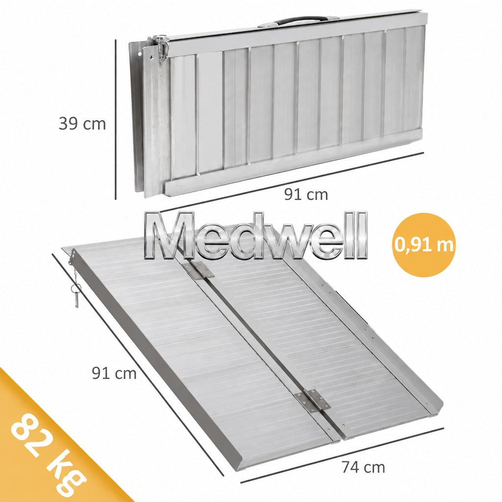 Összecsukható Medwell kerekesszékes rámpa méretei nyitott és zárt állapotban, 82 kg terhelhetőséggel.