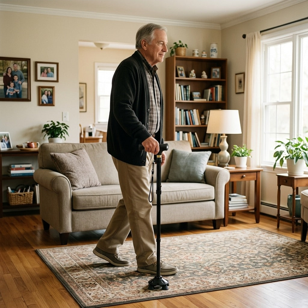 Folding Aluminum Cane with Adjustable Length - at home