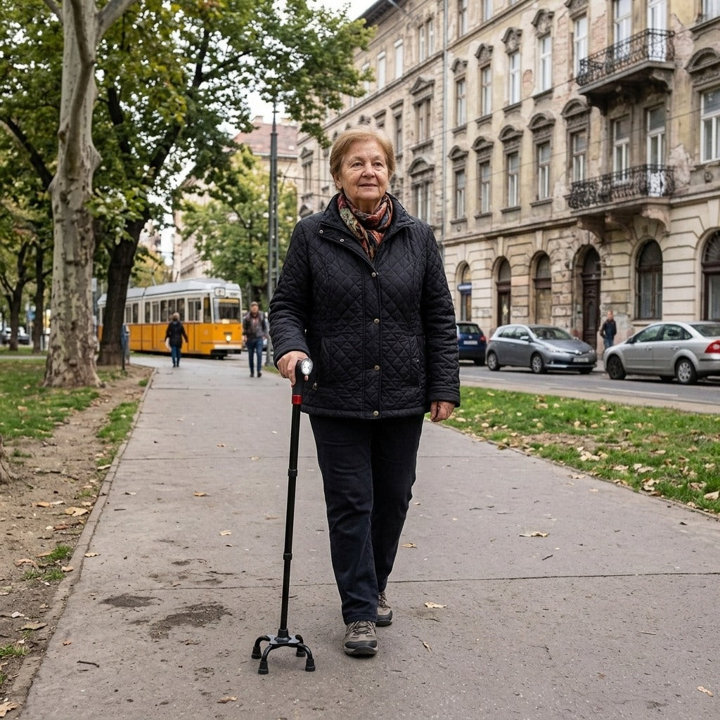Összecsukható járóbot zseblámpával és SOS-riasztóval - a mindennapokban