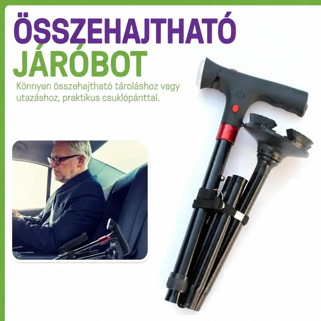 Összehajtható fekete járóbot csuklópánttal és autóban ülő férfival.