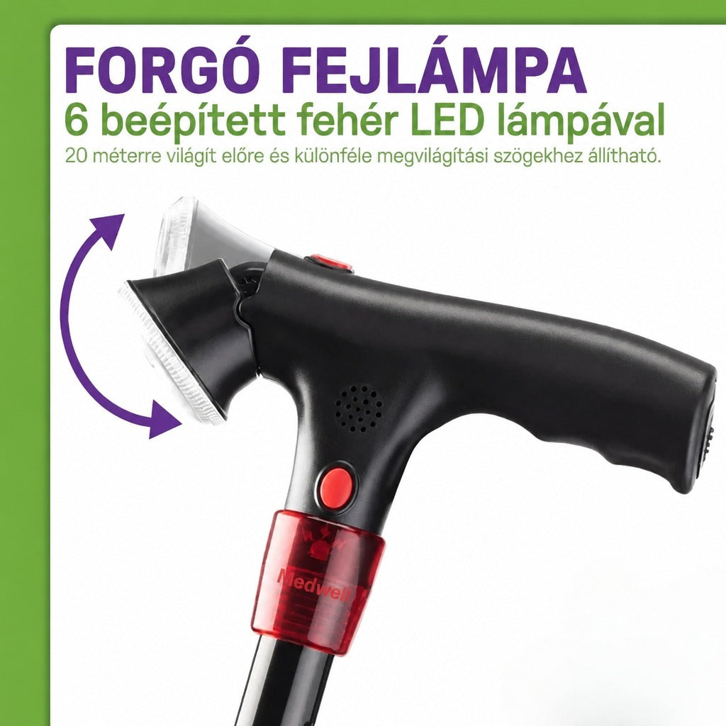 Állítható dőlésszögű beépített LED lámpával és ergonomikus markolattal ellátott sétabot.