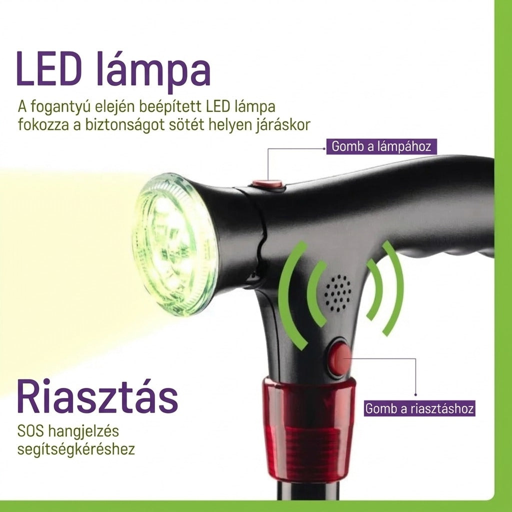 Sétabot beépített LED lámpával és SOS riasztó gombbal.