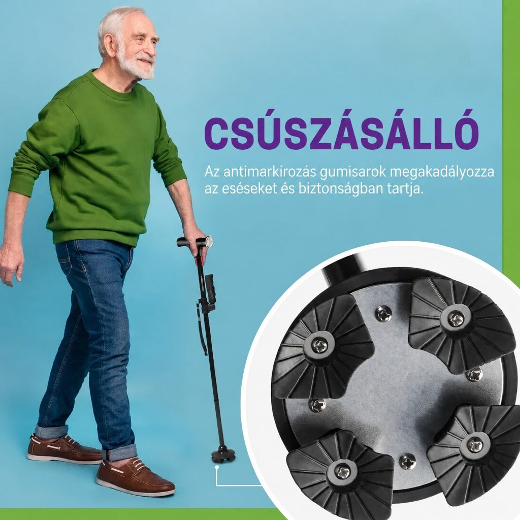 Idős férfi sétabottal, amelynek négyágú csúszásgátló gumitalpa kiemelve látható.