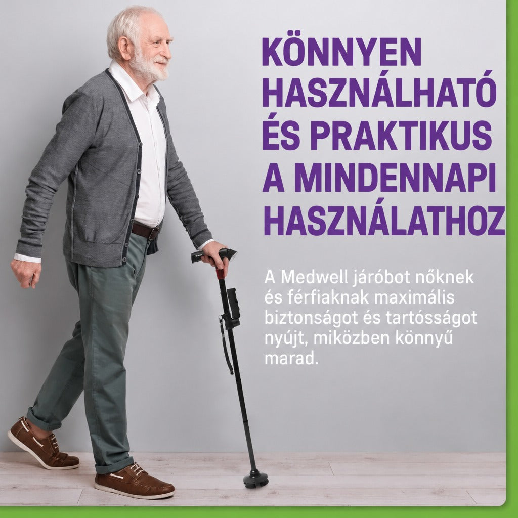 Idős férfi sétál a fekete Medwell járóbottal.
