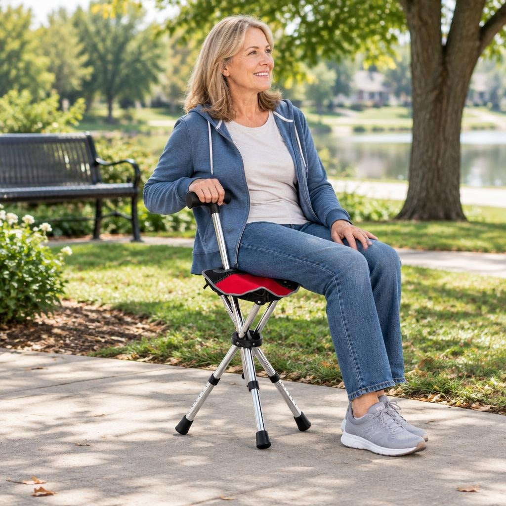 Folding Cane with Seat, Adjustable Height - in everyday life