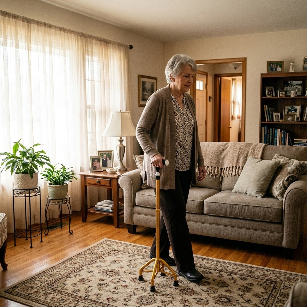 Folding Four-Legged Walking Stick with Cane Tips - at home