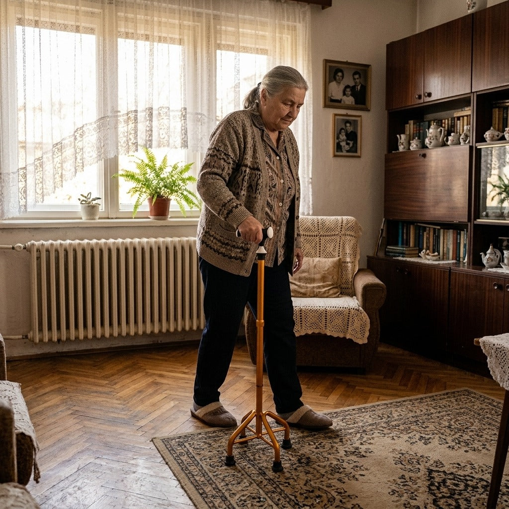 Összecsukható, négylábú járóbot botvégekkel - otthon