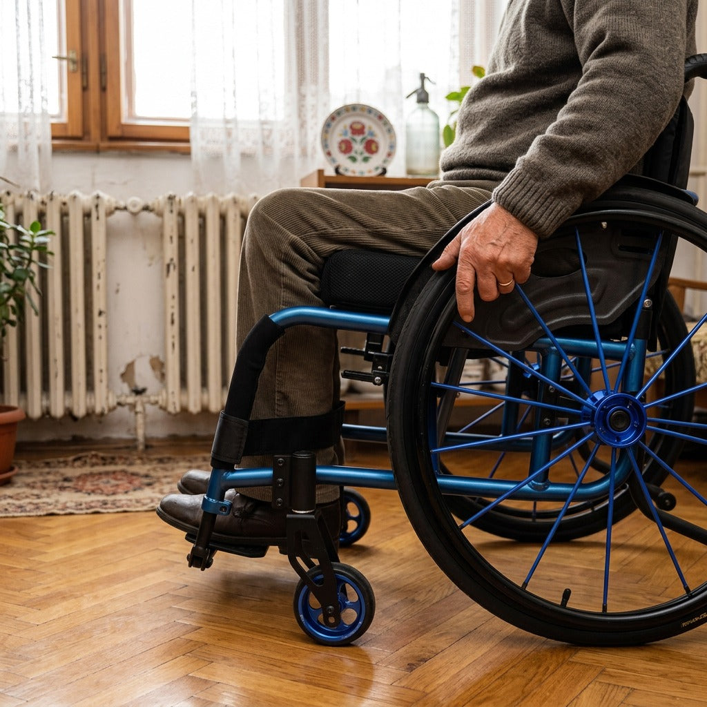 Összecsukható kézi kerekesszék, 130kg teherbírással - használat közben