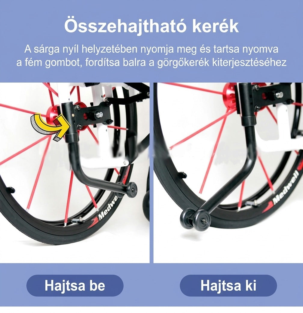 Összehajtható és kinyitható borulásgátló kerék kerekesszékhez.